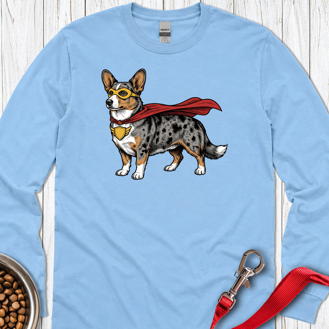 Cardigan Welsh Corgi Blue Merle Superhero Long Sleeve Carolina Blue