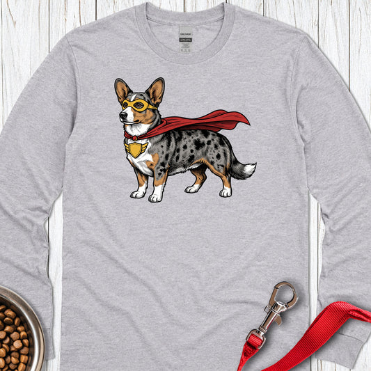 Cardigan Welsh Corgi Blue Merle Superhero Long Sleeve — Sport Grey