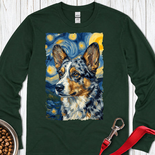 Cardigan Welsh Corgi Blue Merle Van Gogh Long Sleeve — Forest Green