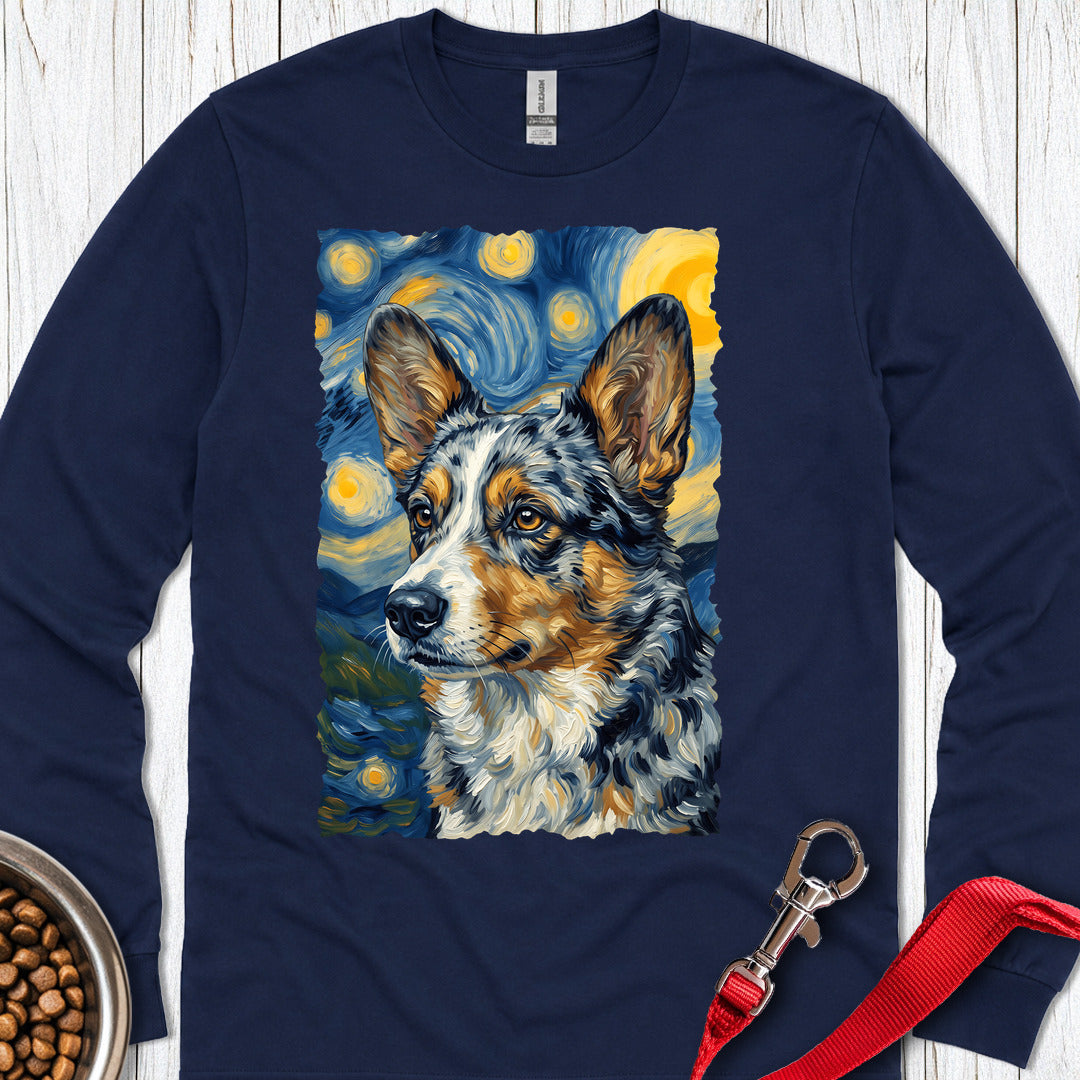 Cardigan Welsh Corgi Blue Merle Van Gogh Long Sleeve Navy