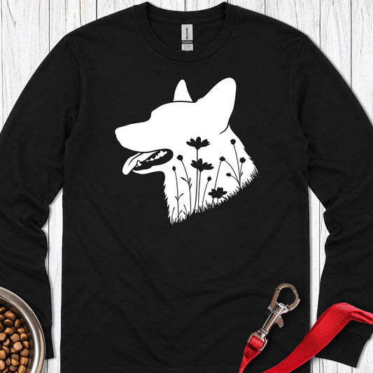 Cardigan Welsh Corgi Flowers Long Sleeve — Black