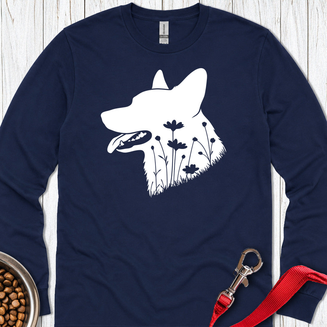 Cardigan Welsh Corgi Flowers Long Sleeve Navy