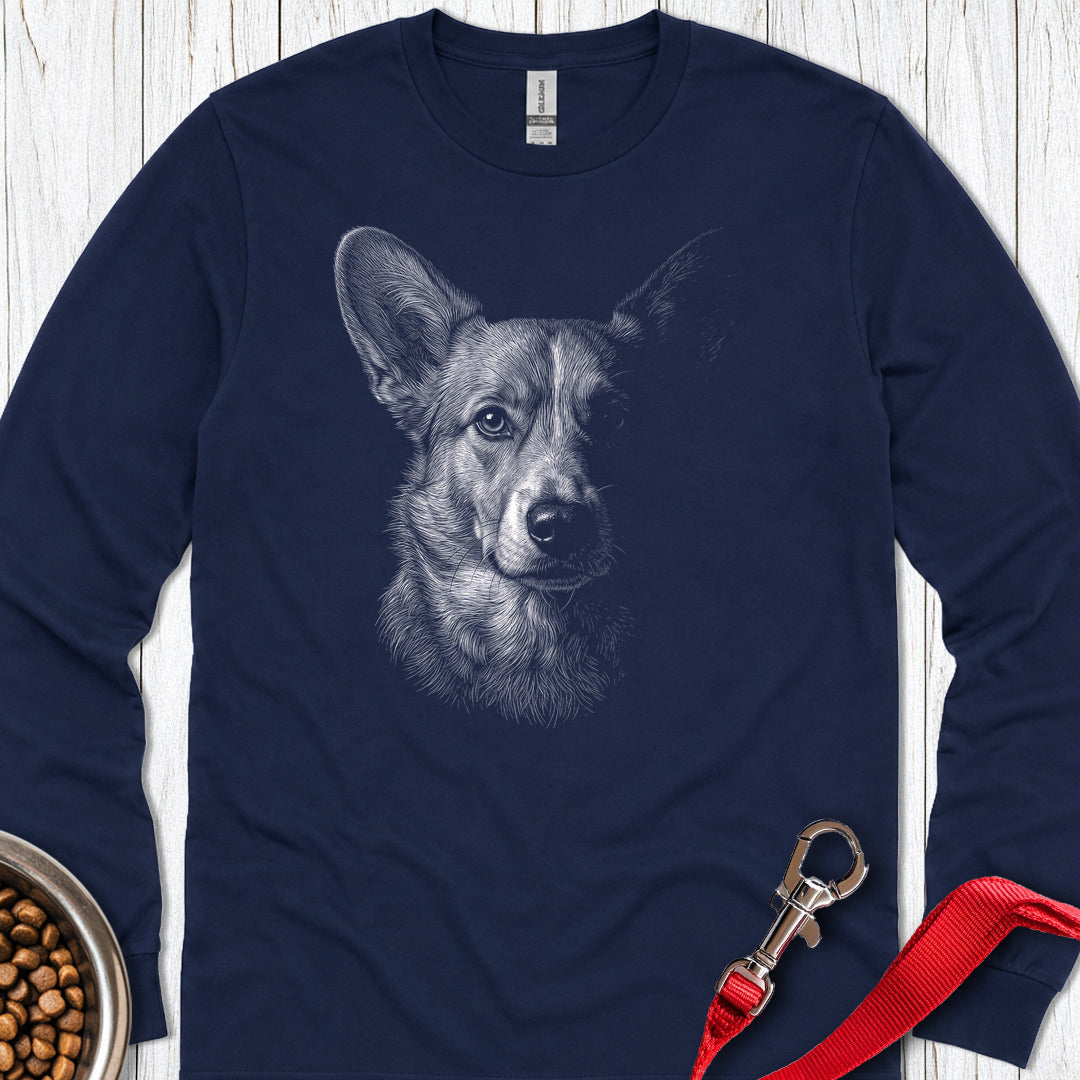 Cardigan Welsh Corgi Portrait Long Sleeve Navy
