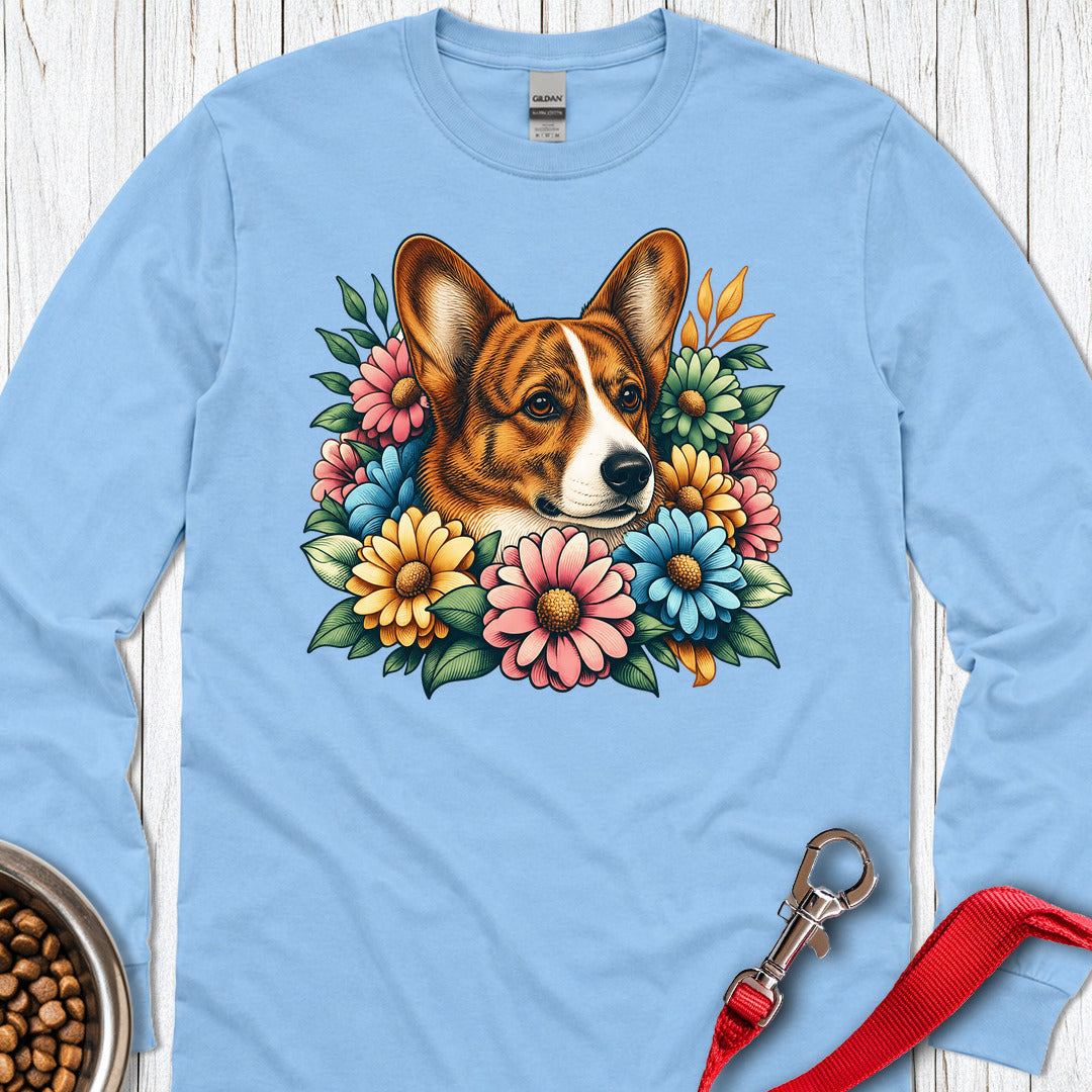 Cardigan Welsh Corgi Red Brindle Flowers Long Sleeve Carolina Blue