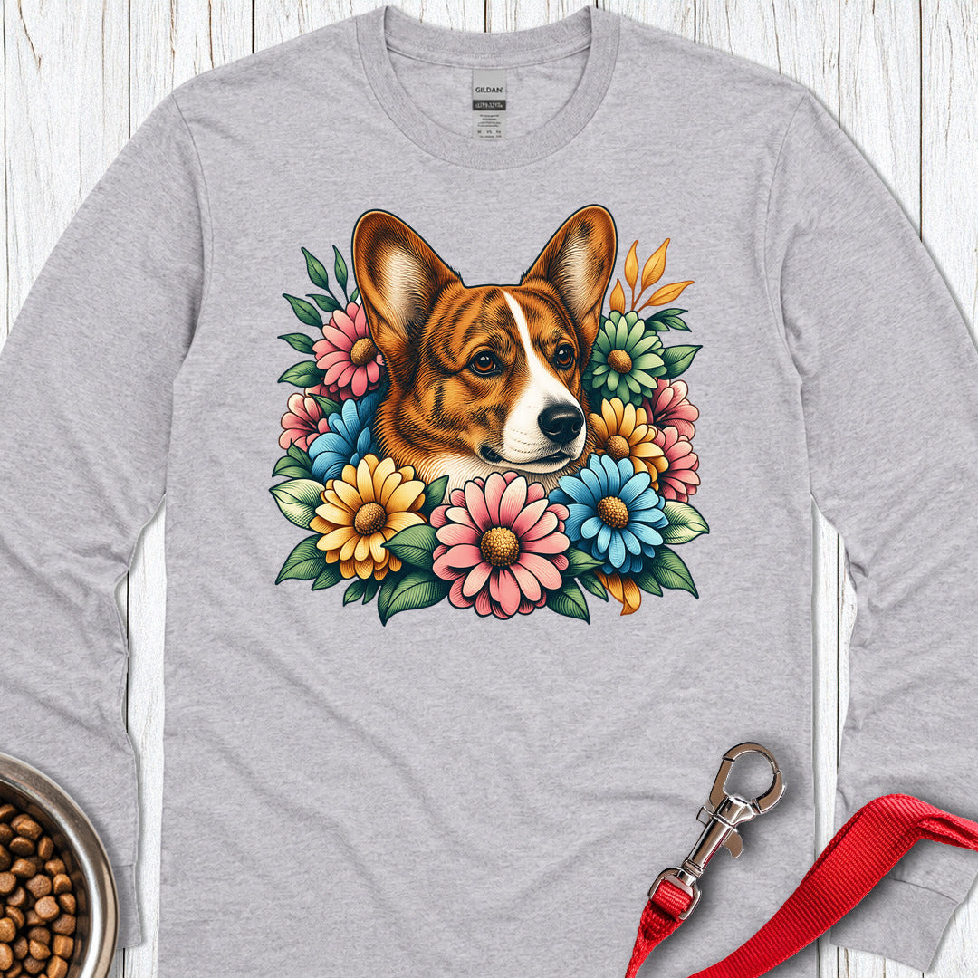 Cardigan Welsh Corgi Red Brindle Flowers Long Sleeve Sport Grey