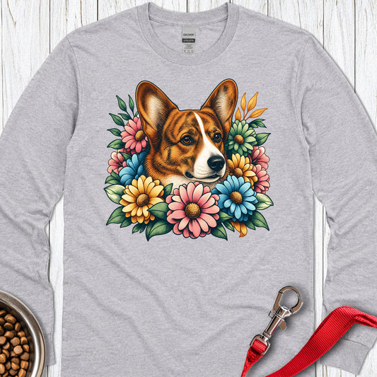 Cardigan Welsh Corgi Red Brindle Flowers Long Sleeve — Sport Grey