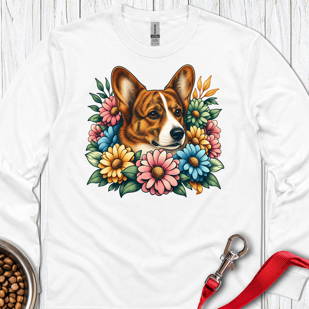 Cardigan Welsh Corgi Red Brindle Flowers Long Sleeve White