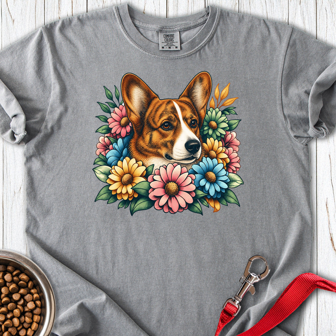 Cardigan Welsh Corgi Red Brindle Flowers Premium Tee — Grey