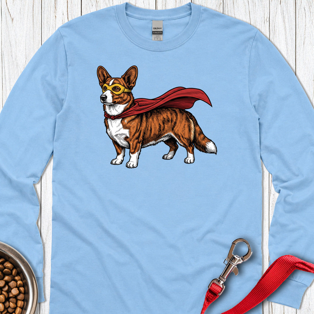 Cardigan Welsh Corgi Red Brindle Superhero Long Sleeve Carolina Blue