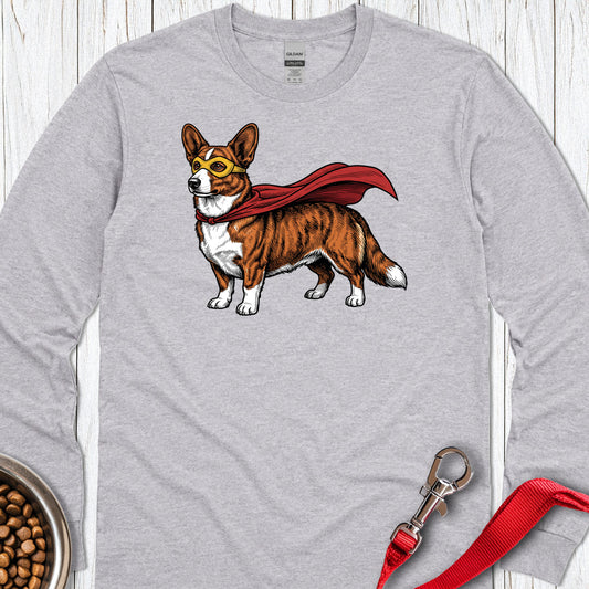 Cardigan Welsh Corgi Red Brindle Superhero Long Sleeve — Sport Grey