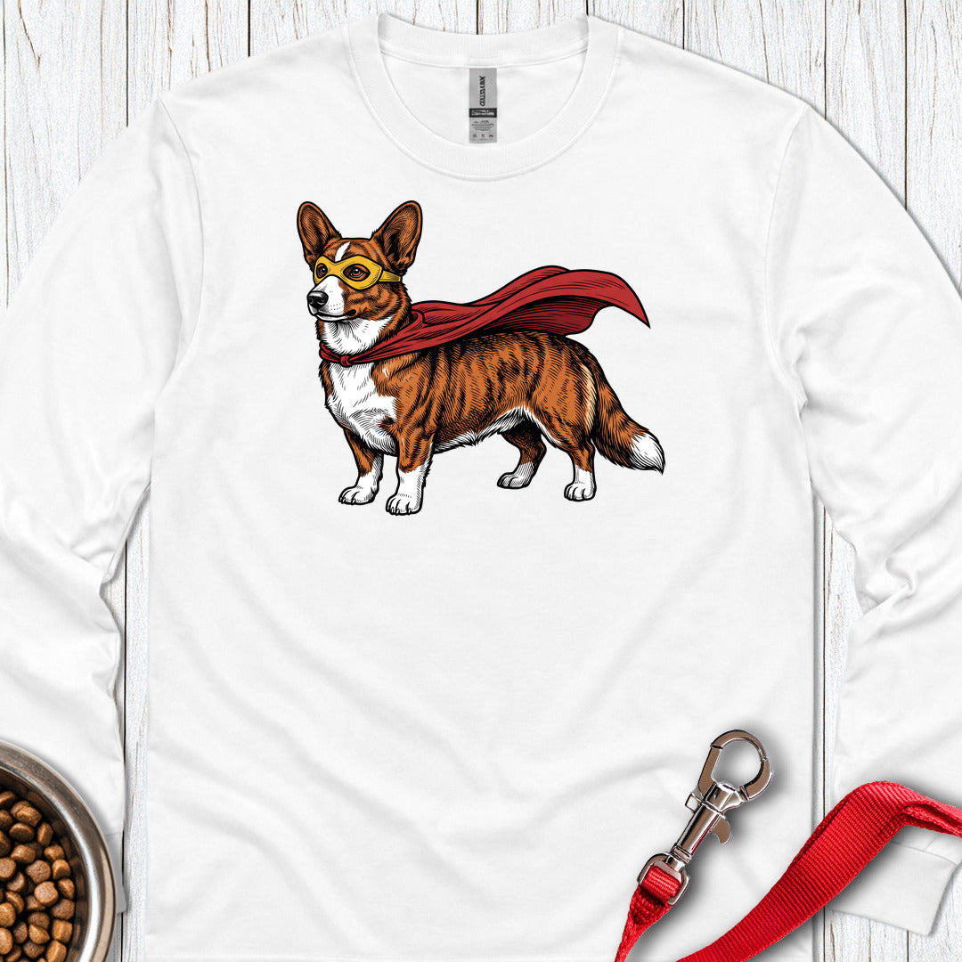 Cardigan Welsh Corgi Red Brindle Superhero Long Sleeve White