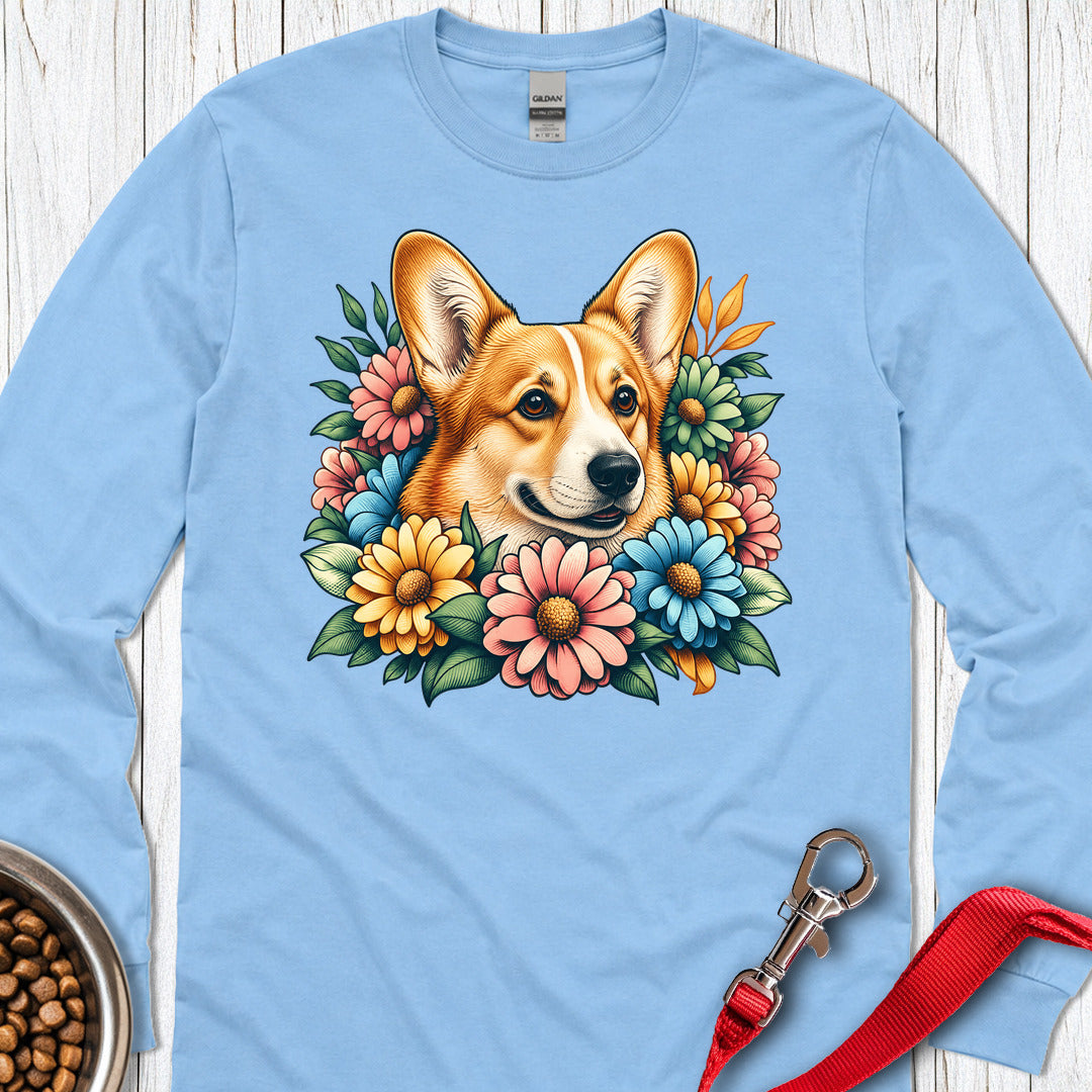 Cardigan Welsh Corgi Red Flowers Long Sleeve Carolina Blue
