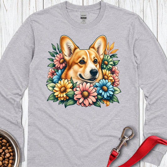 Cardigan Welsh Corgi Red Flowers Long Sleeve — Sport Grey
