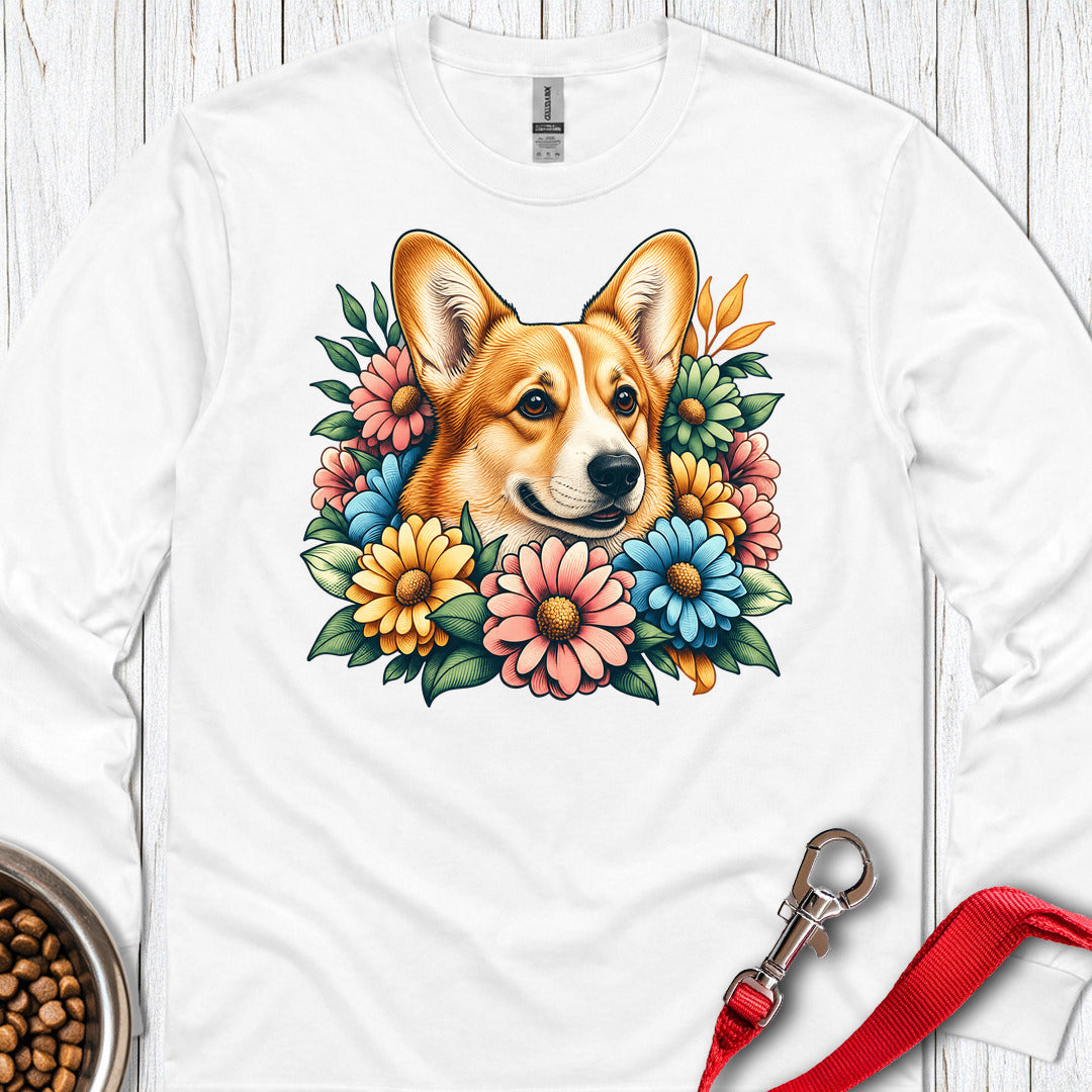 Cardigan Welsh Corgi Red Flowers Long Sleeve White