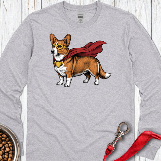 Cardigan Welsh Corgi Red Superhero Long Sleeve — Sport Grey
