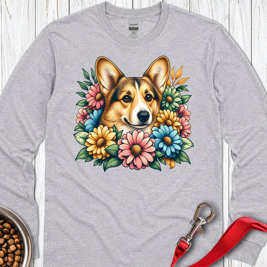 Cardigan Welsh Corgi Sable Flowers Long Sleeve — Sport Grey