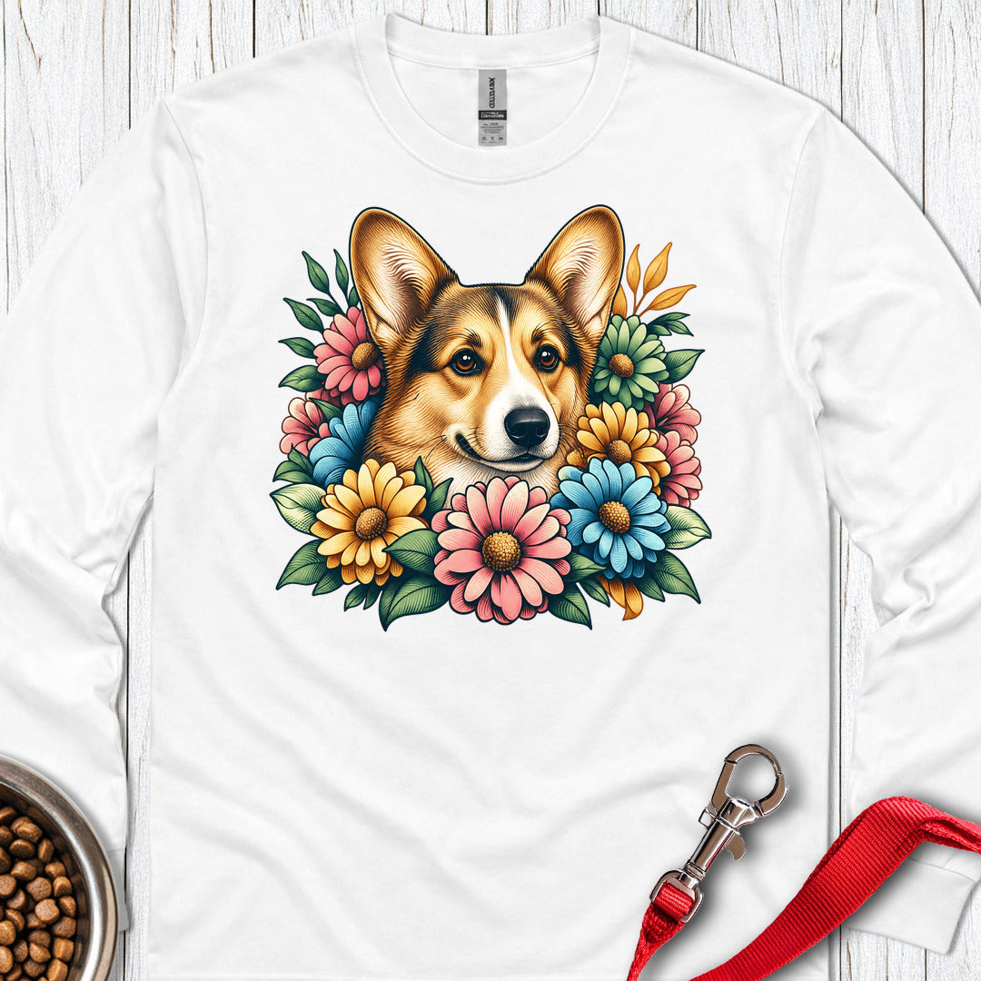 Cardigan Welsh Corgi Sable Flowers Long Sleeve White