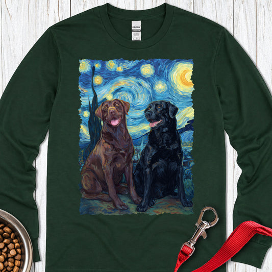 Chocolate & Black Labrador Starry Night Long Sleeve — Forest Green