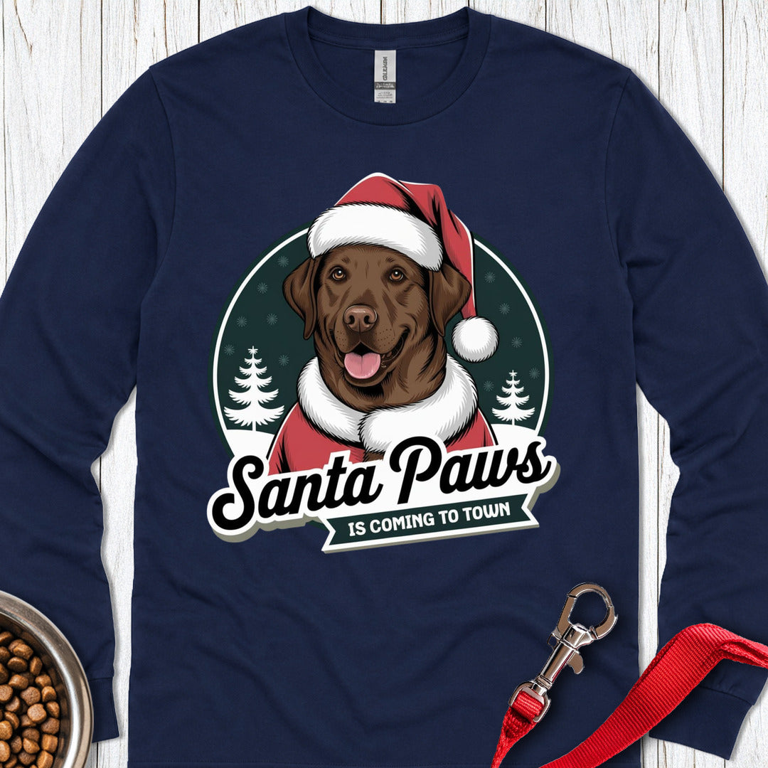 Chocolate Lab Santa Paws Is Coming To Town Long Sleeve — Navy