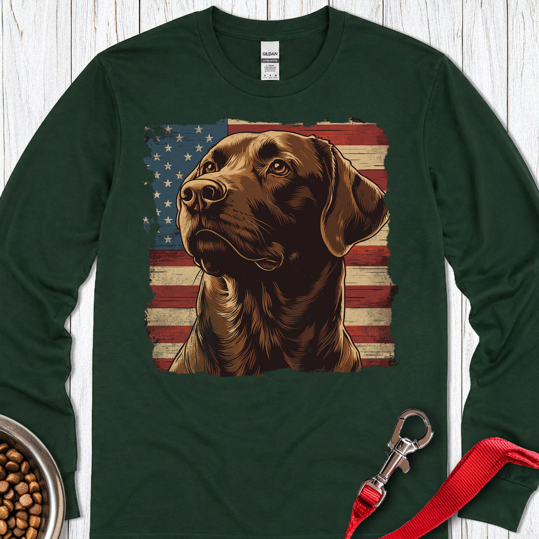 Chocolate Lab USA Flag Long Sleeve — Forest Green