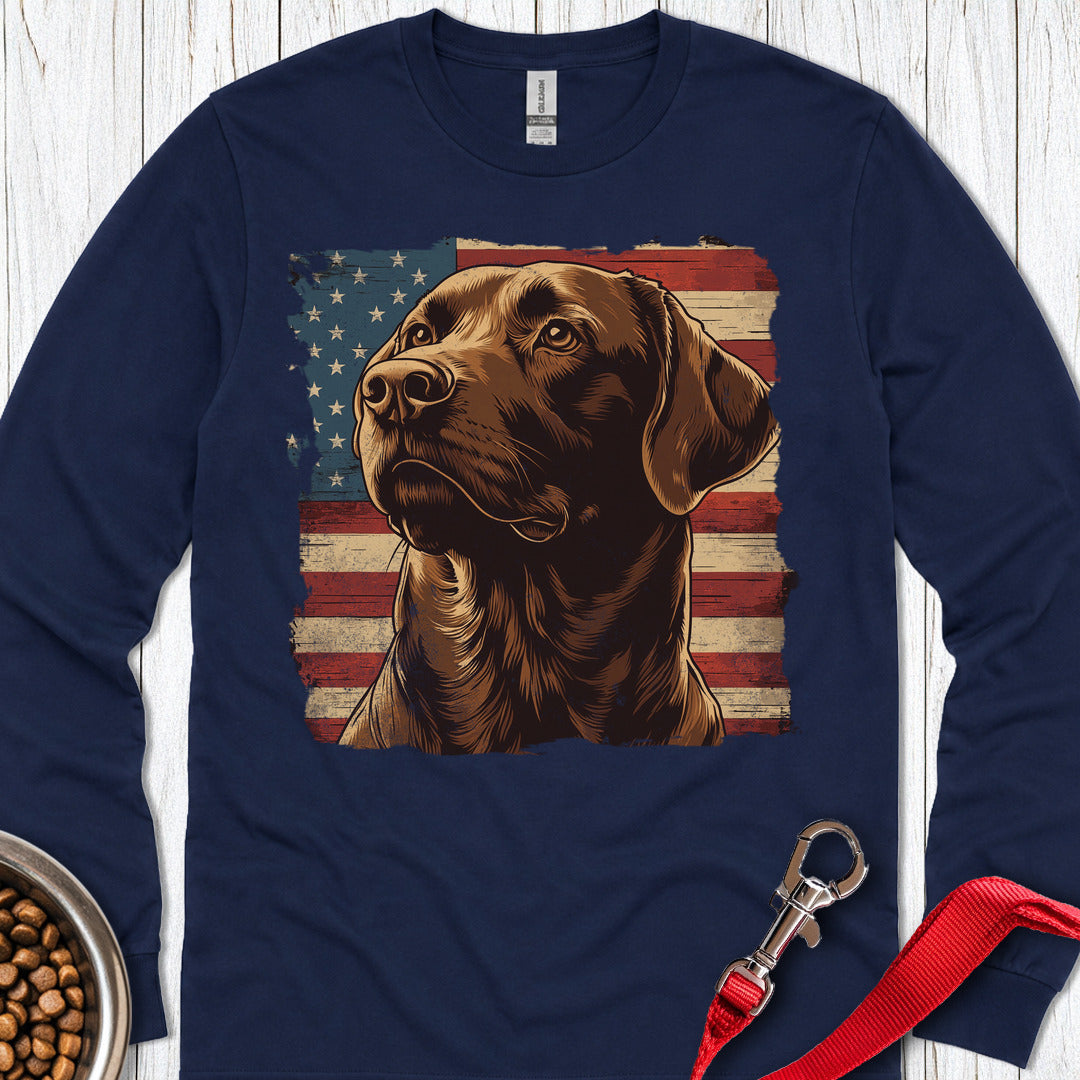 Chocolate Lab USA Flag Long Sleeve — Navy