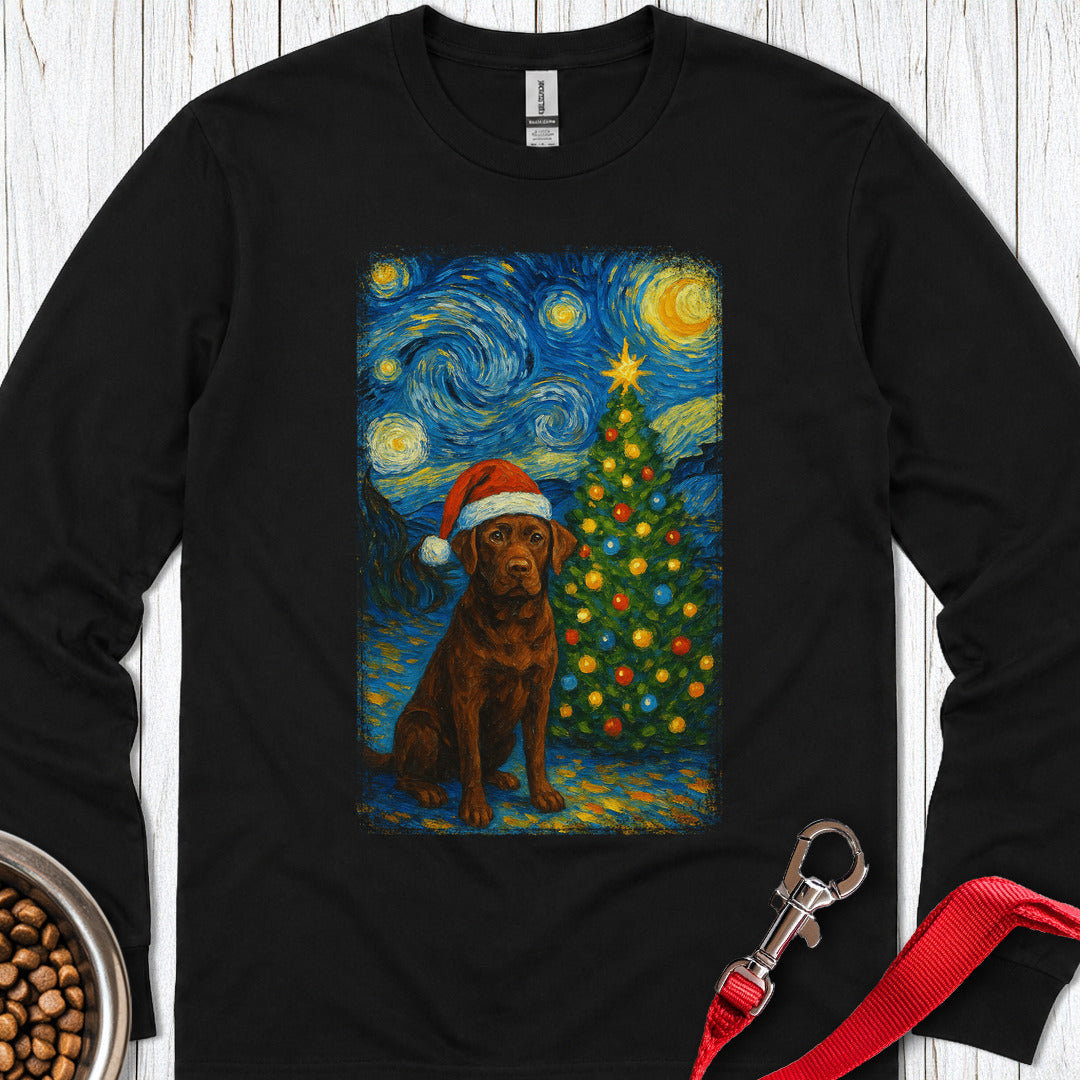 Chocolate Labrador Christmas Van Gogh Long Sleeve — Black