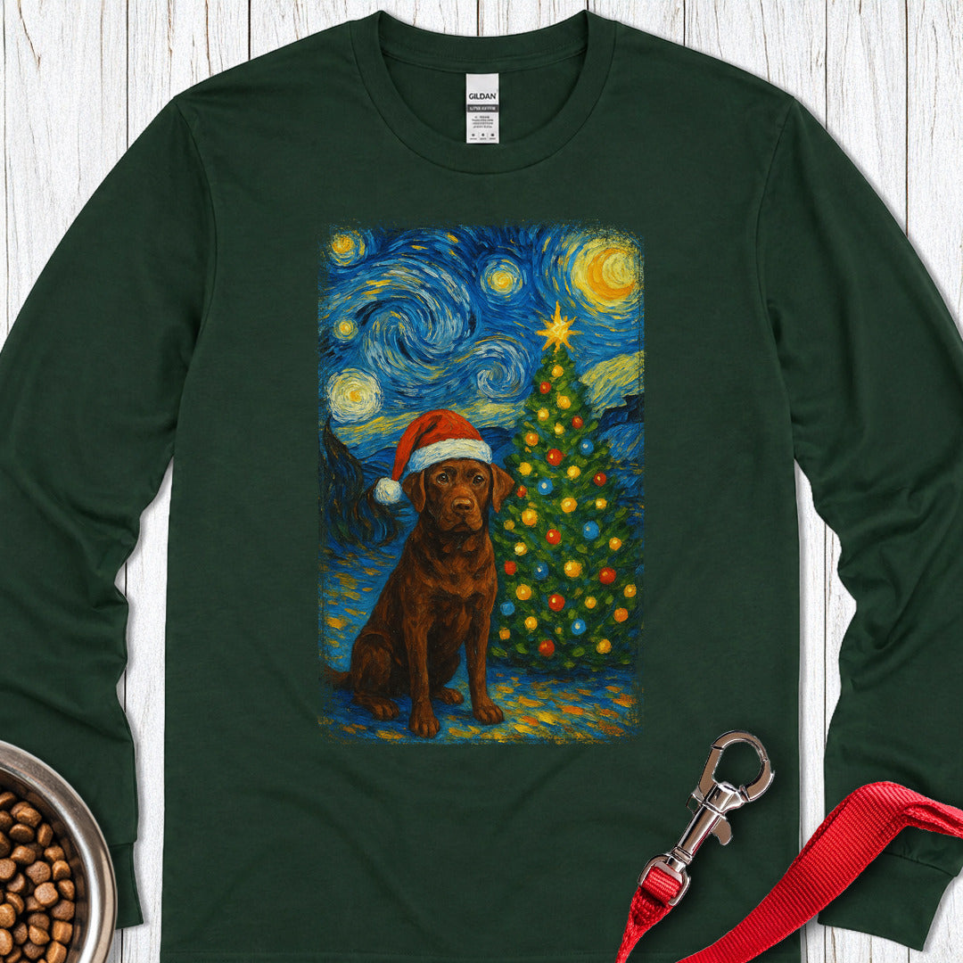 Chocolate Labrador Christmas Van Gogh Long Sleeve — Forest Green