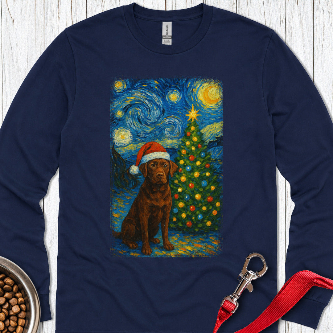 Chocolate Labrador Christmas Van Gogh Long Sleeve — Navy