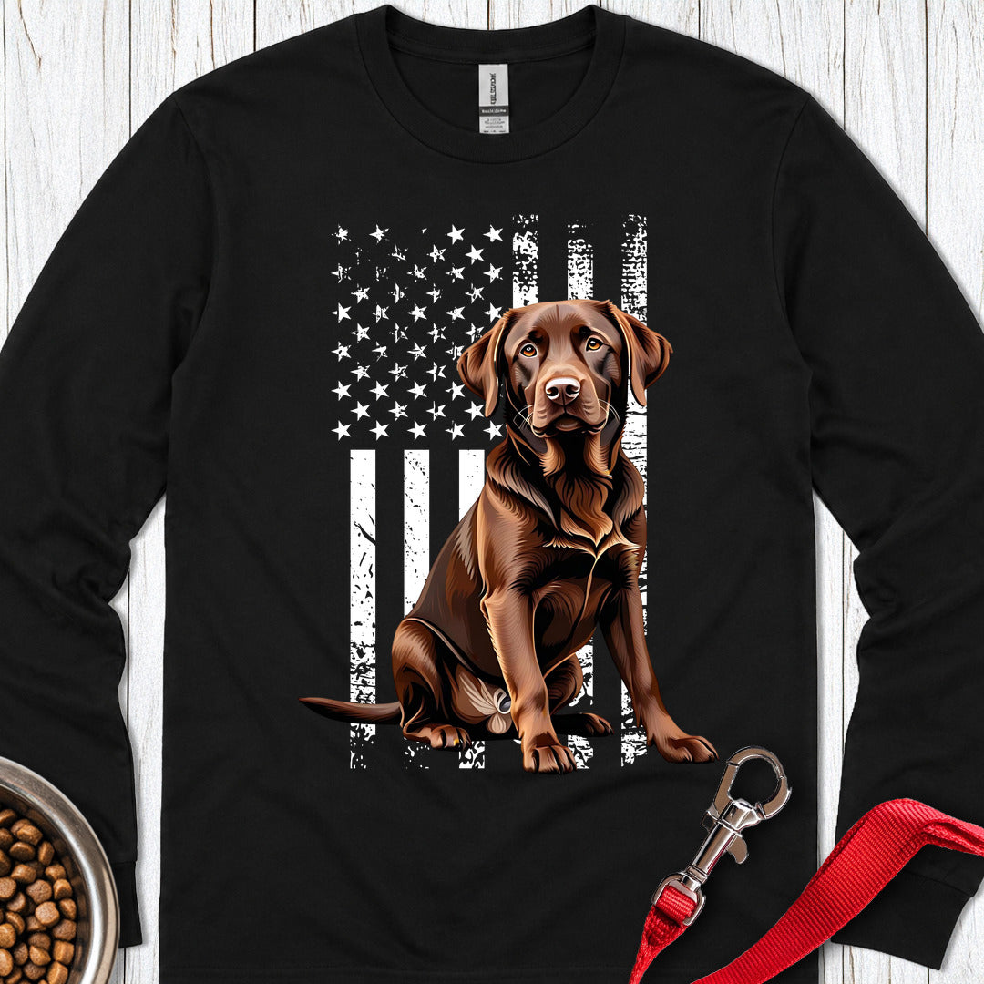 Chocolate Labrador USA Flag Long Sleeve — Black