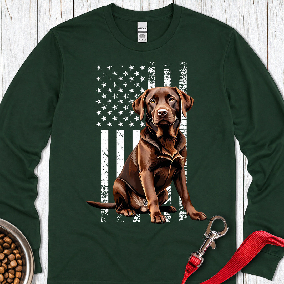 Chocolate Labrador USA Flag Long Sleeve — Forest Green