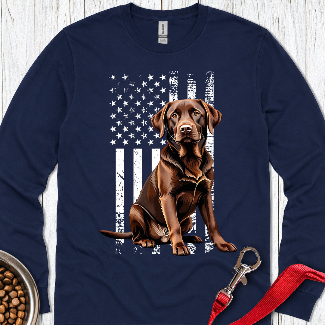 Chocolate Labrador USA Flag Long Sleeve — Navy