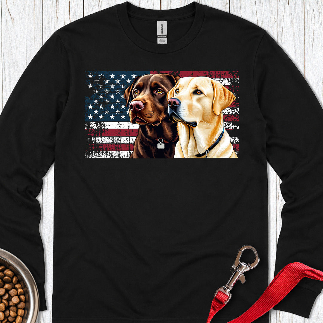 Chocolate & Yellow Lab USA Flag Long Sleeve — Black