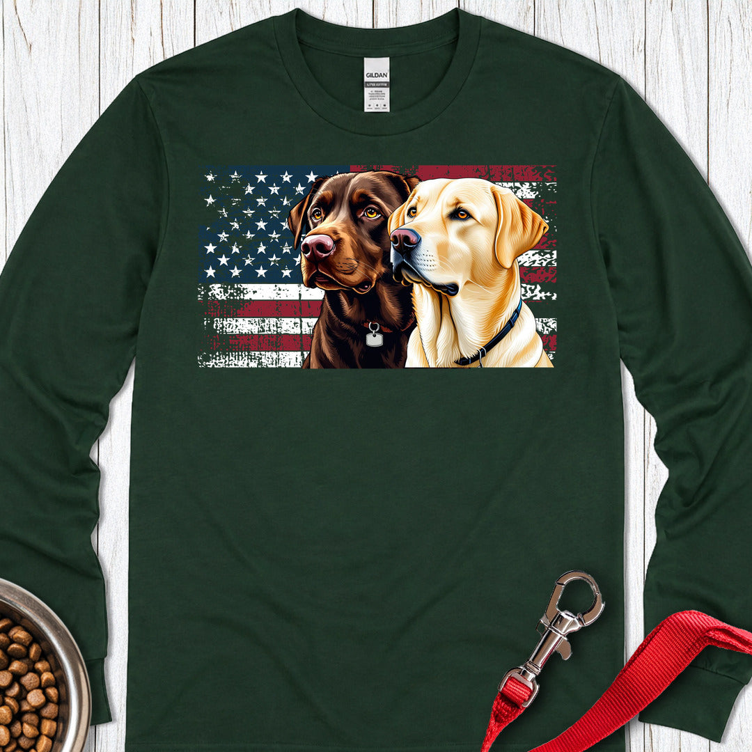 Chocolate & Yellow Lab USA Flag Long Sleeve — Forest Green