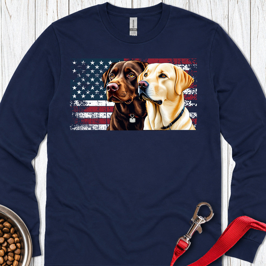 Chocolate & Yellow Lab USA Flag Long Sleeve — Navy
