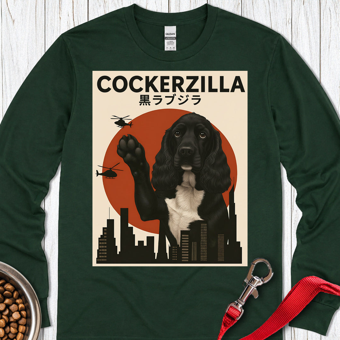 Cockerzilla Black White Cocker Spaniel Long Sleeve — Forest Green