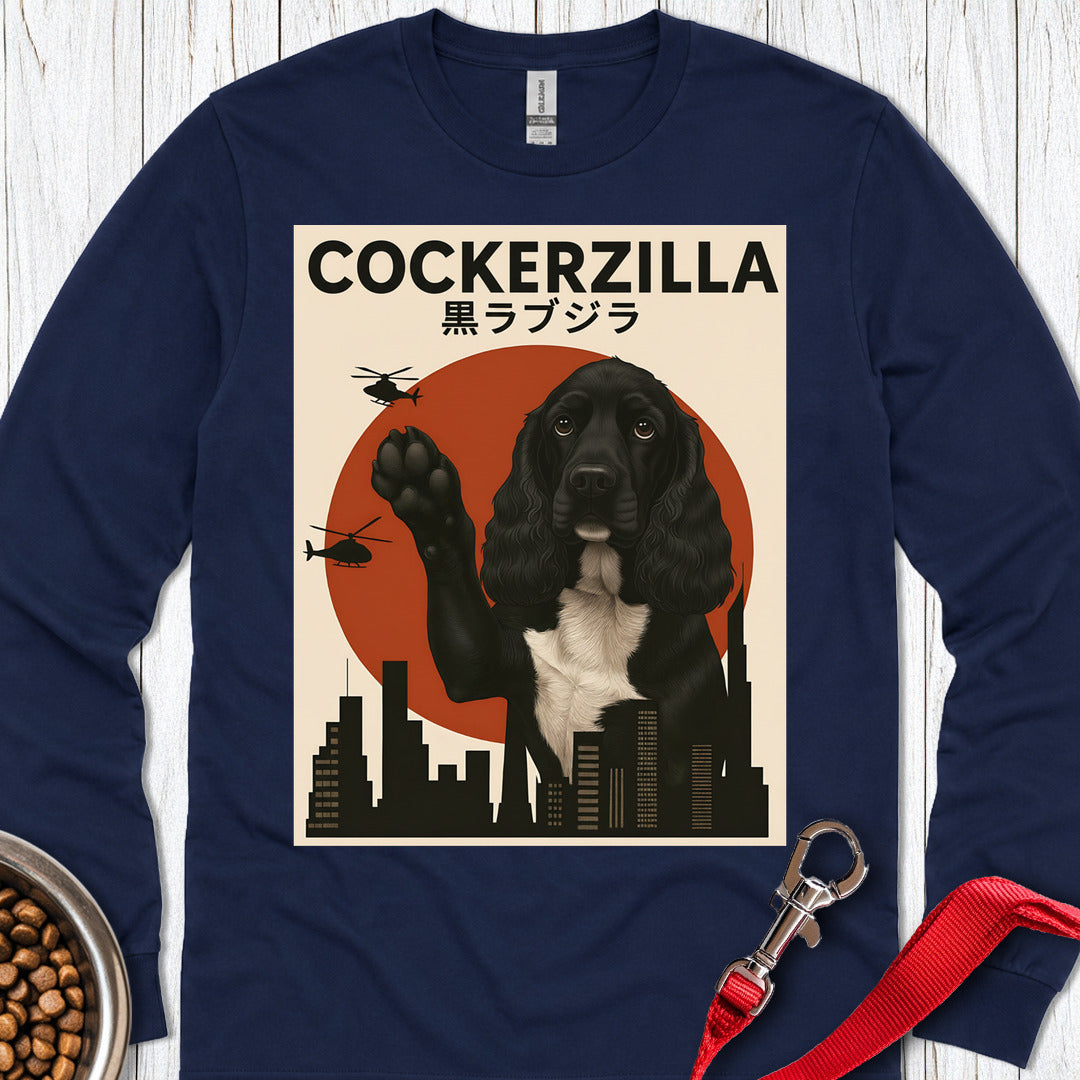 Cockerzilla Black White Cocker Spaniel Long Sleeve — Navy