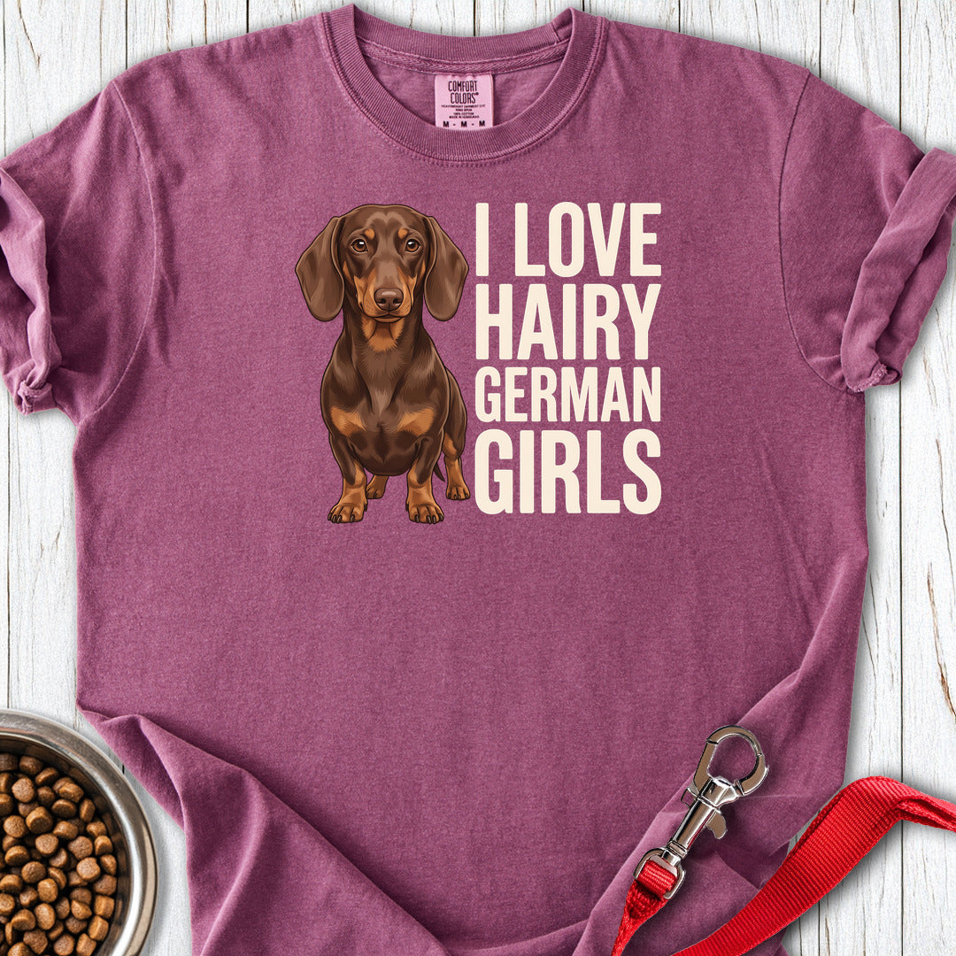 Dachshund Hairy German Girls Chocolate and Tan Premium Tee — Berry