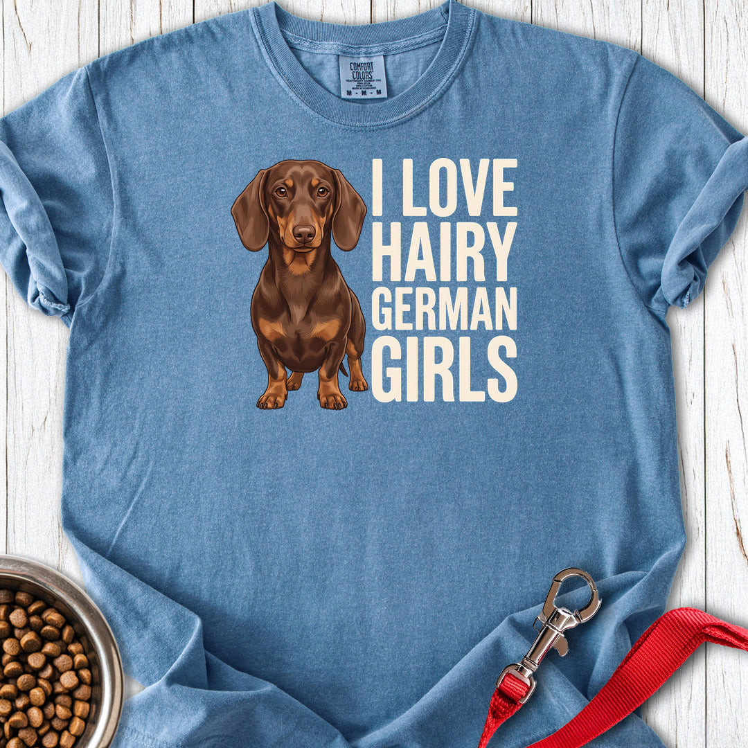 Dachshund Hairy German Girls Chocolate and Tan Premium Tee — Blue Jean