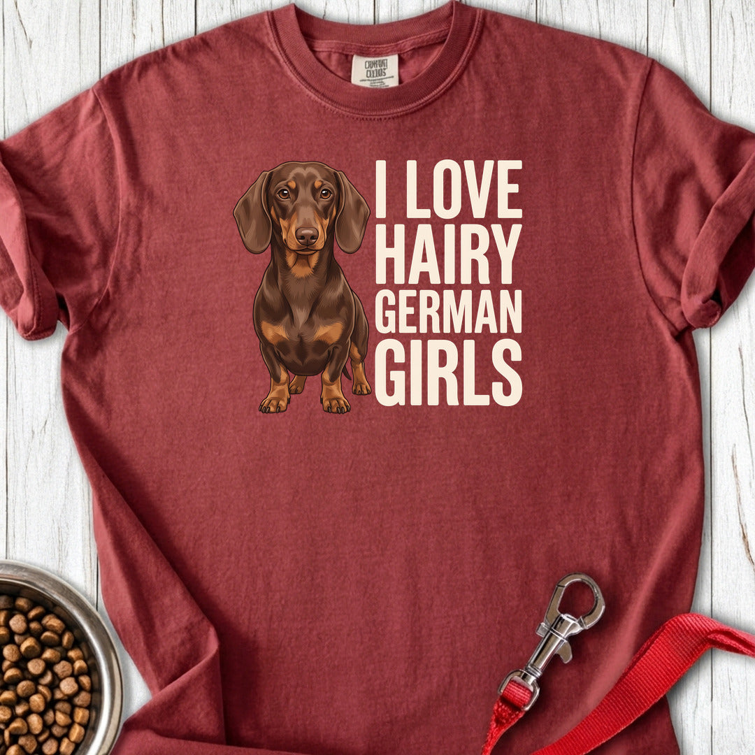 Dachshund Hairy German Girls Chocolate and Tan Premium Tee — Brick