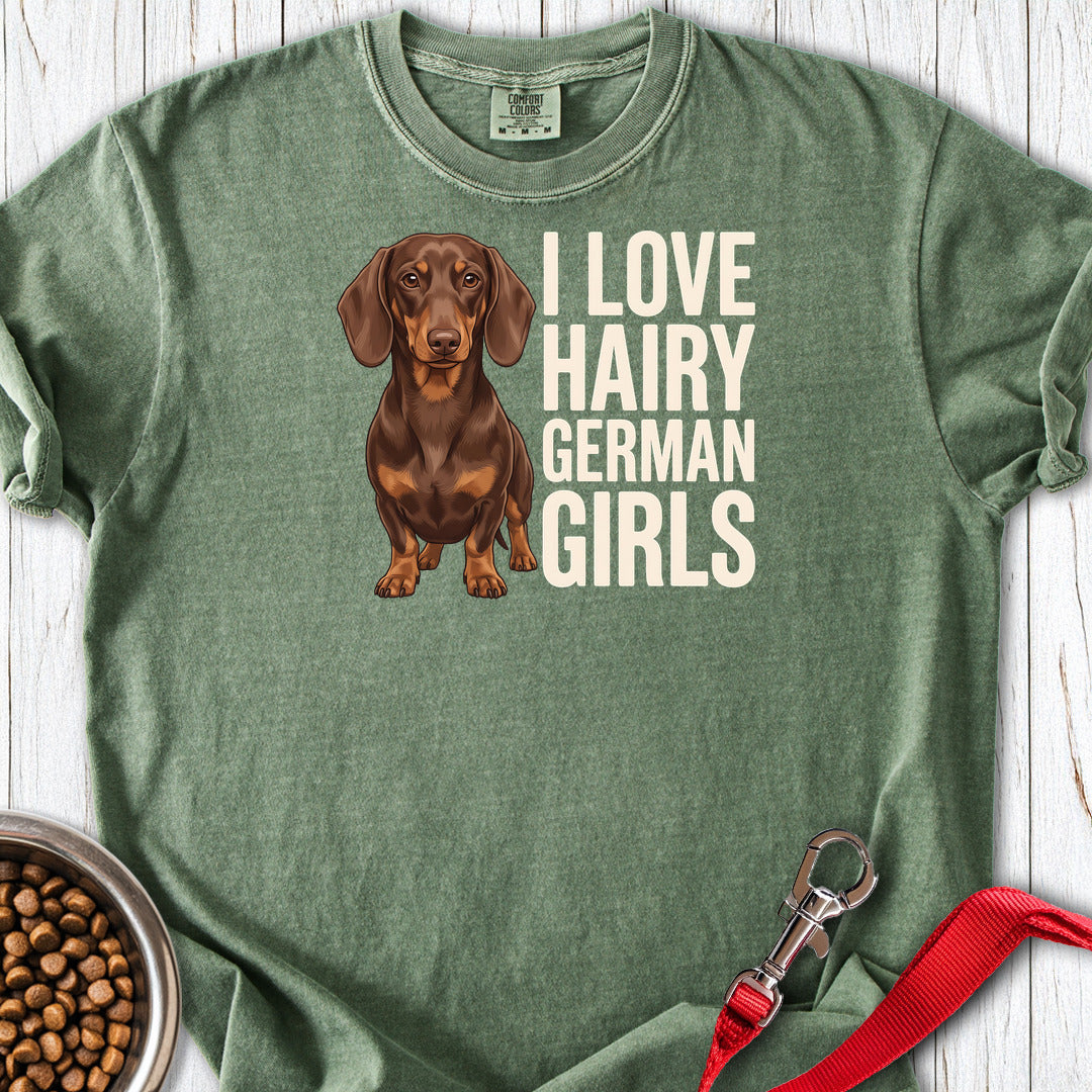 Dachshund Hairy German Girls Chocolate and Tan Premium Tee — Moss