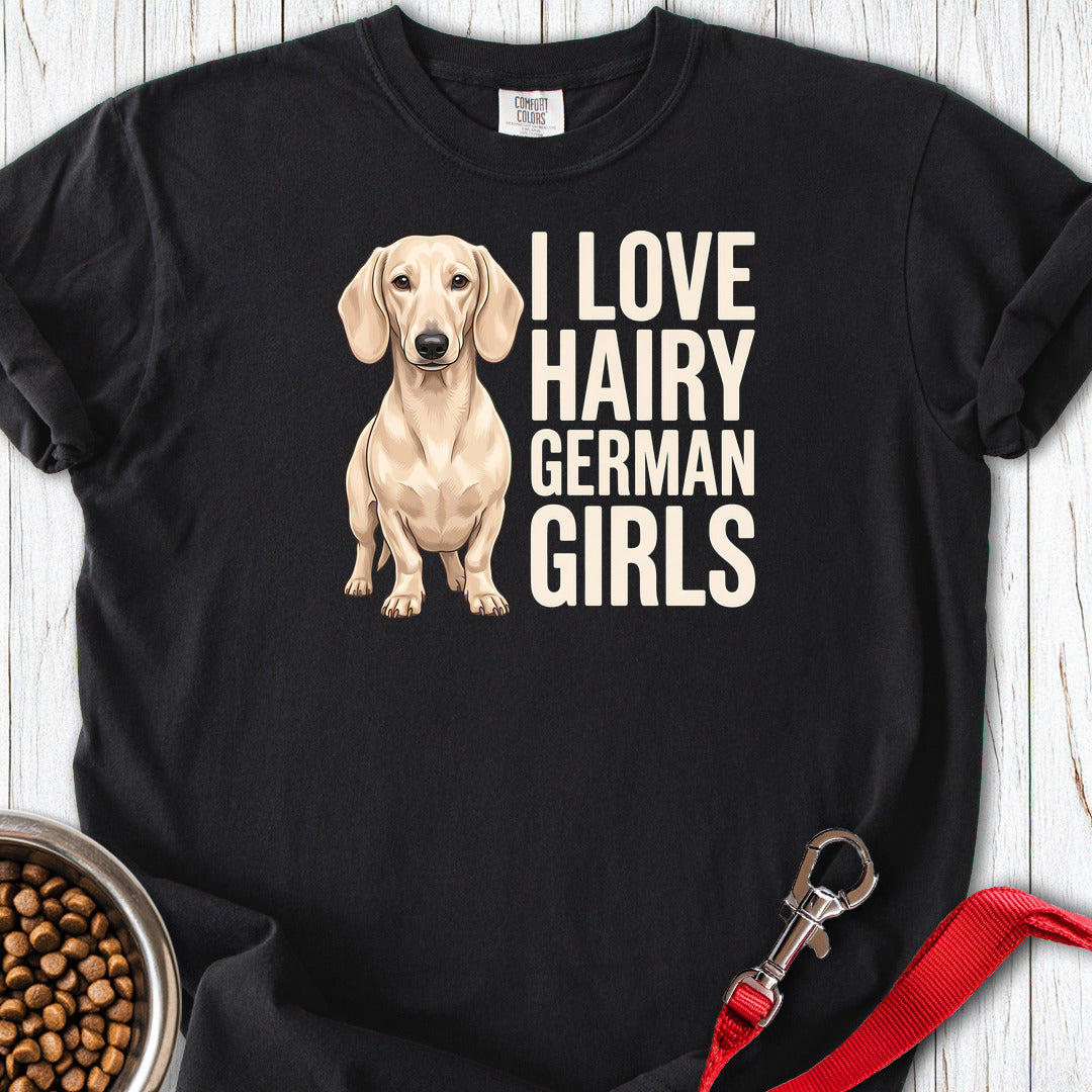 Dachshund Hairy German Girls Cream Premium Tee — Black