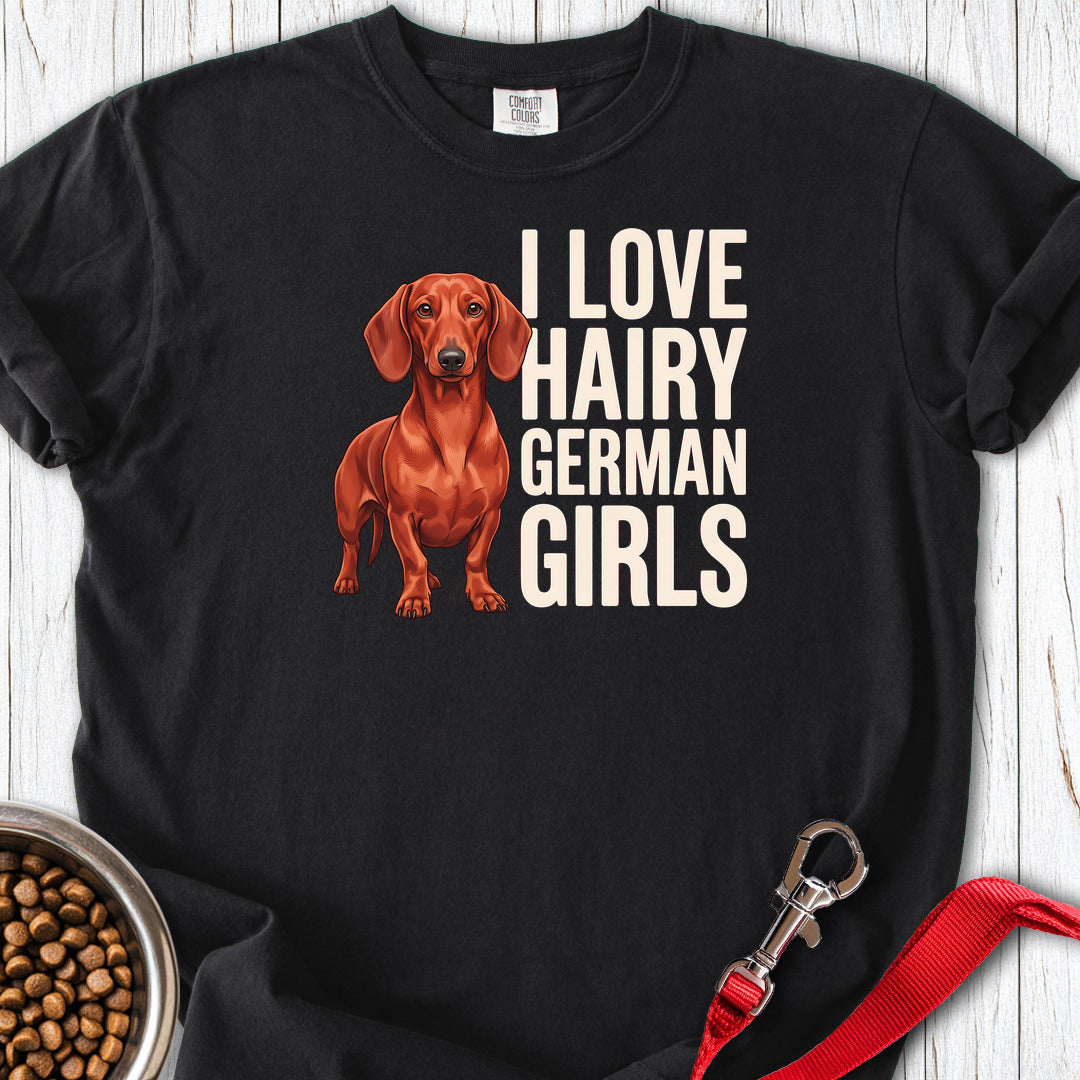 Dachshund Hairy German Girls Red Premium Tee — Black