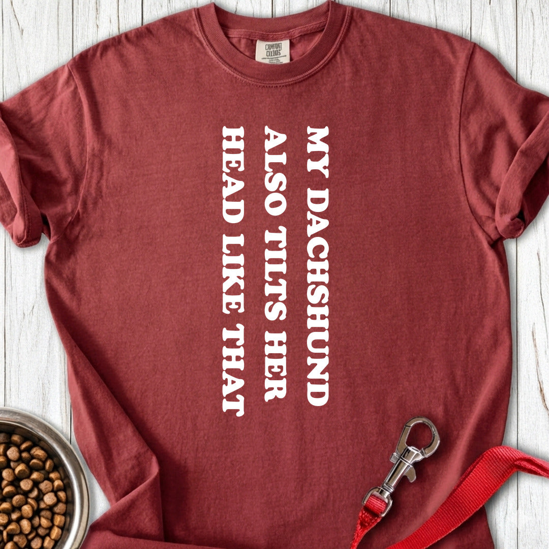 Dachshund Tilts Her Head Premium Tee — Brick
