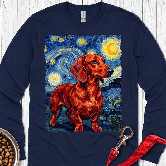 Dachshund Van Gogh Red Long Sleeve Navy