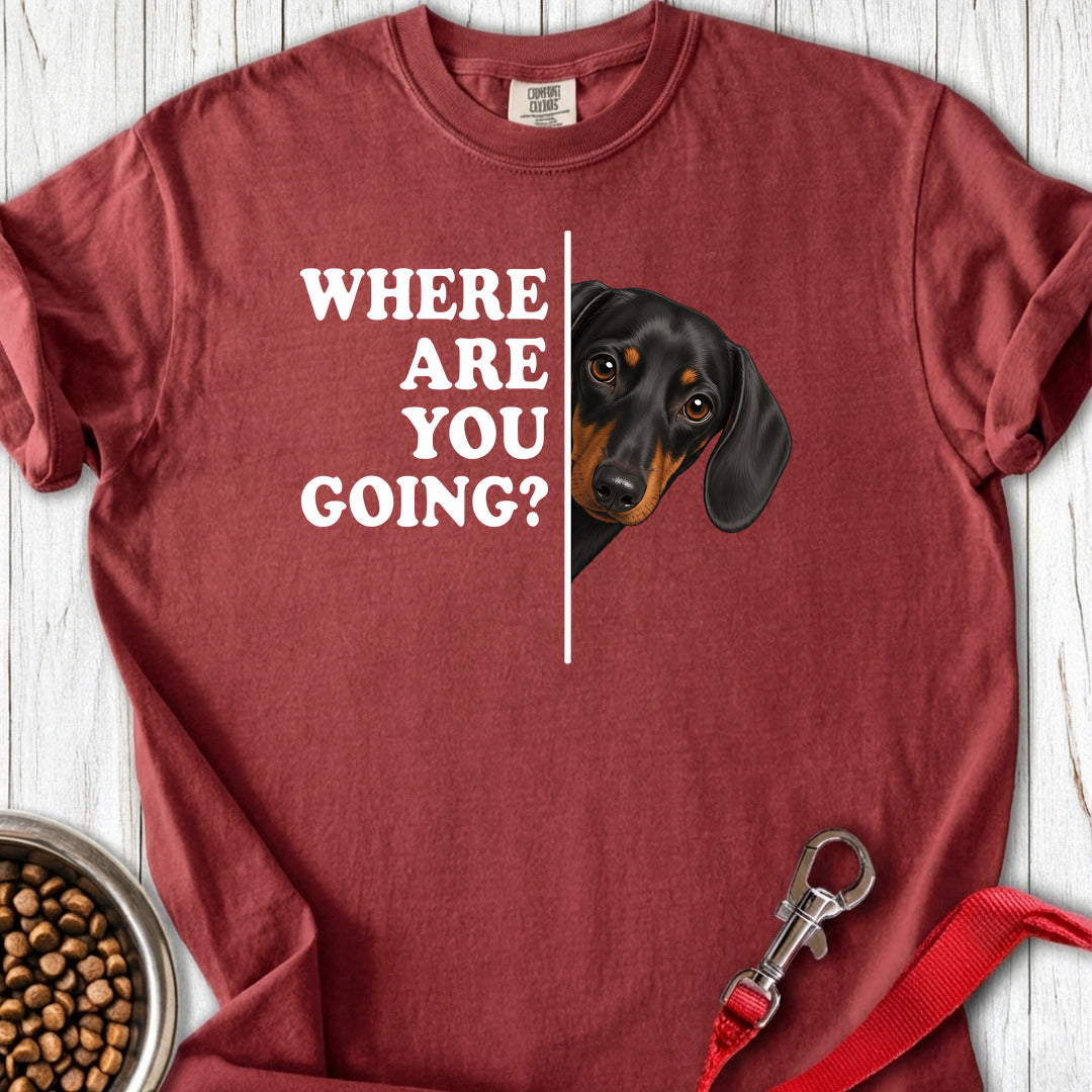Dachshund Where Are You Going Black and Tan Premium Tee — Brick