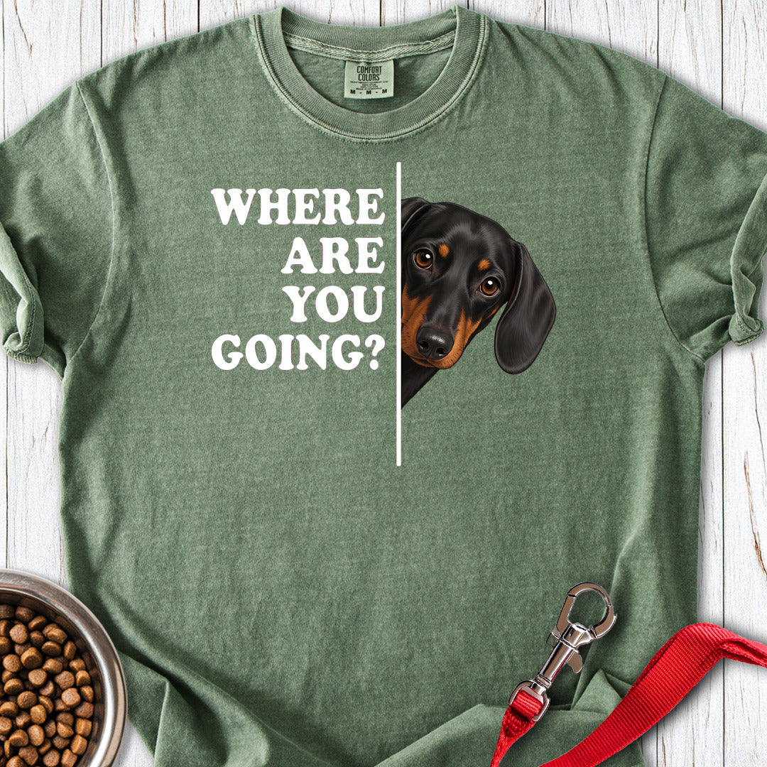 Dachshund Where Are You Going Black and Tan Premium Tee — Moss