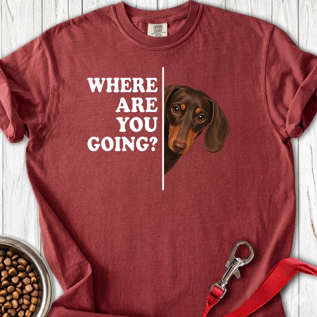 Dachshund Where Are You Going Chocolate and Tan Premium Tee — Brick