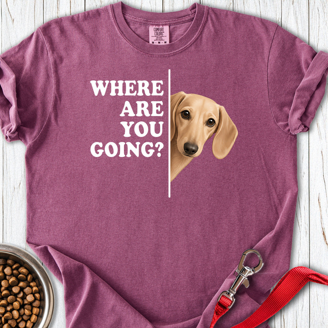 Dachshund Where Are You Going Cream Premium Tee — Berry
