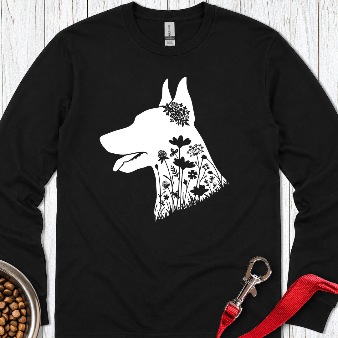 Doberman Flowers Long Sleeve — Black