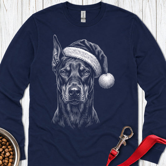 Doberman Pinscher Christmas Santa Hat Long Sleeve — Navy